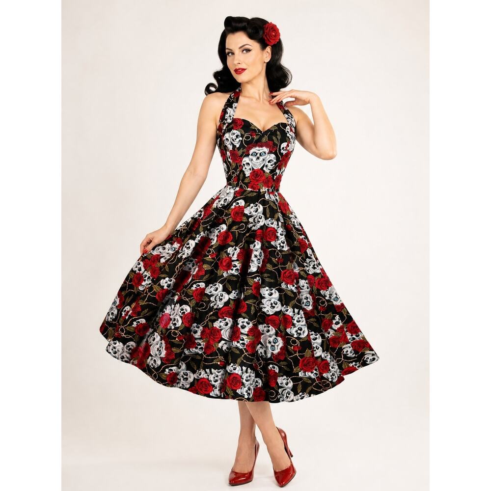 Queen of Holloway Large Skull Rose Halter Circle Dress 50s Rockabilly Retro